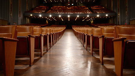 Auditorium filled with vacant chairs, all facing forward toward a stage, scene silent and expectantの素材
