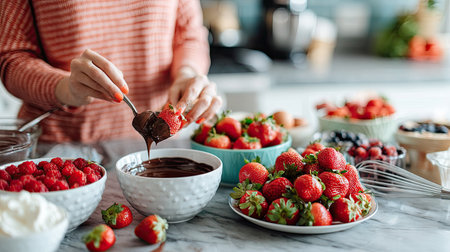 A woman dipping strawberries into chocolate in a modern kitchen, with bowls of melted chocolate and fresh berries on the counterの素材