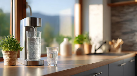 A stylish water cooler placed in a contemporary kitchen, with a clean, minimalist aesthetic and natural light streaming through the windowの素材