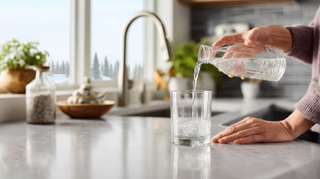 A modern kitchen shot of a woman filling a glass with cool, fresh water from a sleek bottle, with clean white countertopsの素材