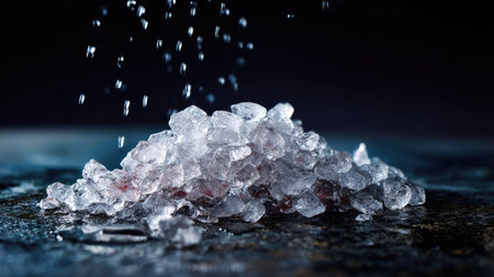 A pile of glistening crushed ice surrounded by melting water on black granite, capturing cold detail and high contrastの素材