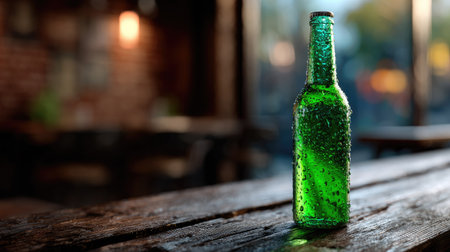 A green beer bottle with droplets of water on it, placed on a rustic wooden table in a cozy pub settingの素材