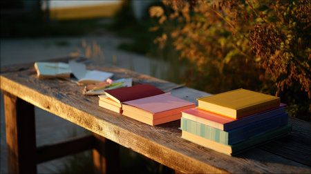 A rustic wooden table with a mix of colorful textbooks and notepads under warm evening lightの素材