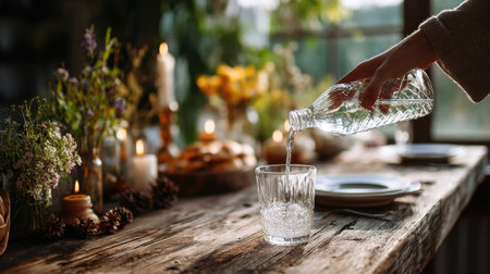 A woman pouring water from a stylish, clear bottle into a glass on a rustic wooden dining table, with a cozy home atmosphereの素材