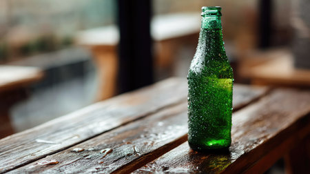 A green beer bottle with droplets of water on it, placed on a rustic wooden table in a cozy pub settingの素材