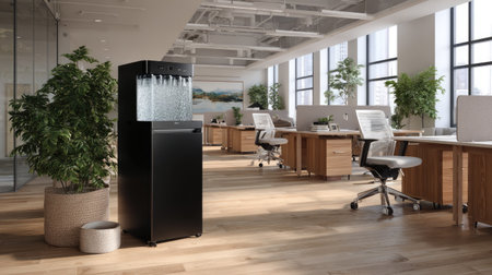 A modern water cooler with a sleek design, surrounded by office chairs and desks, adding a touch of sophistication to the workspaceの素材