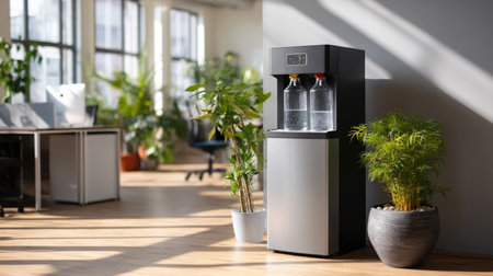 A modern water cooler with a user-friendly interface, offering filtered water in a bright, contemporary office settingの素材