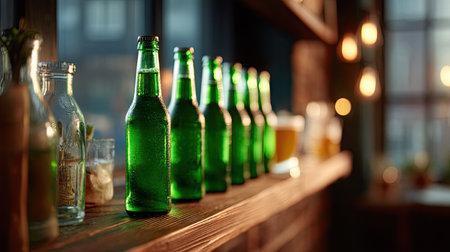 A row of green beer bottles arranged on a wooden shelf in a pub, with glasses of beer in the foreground and a casual vibeの素材