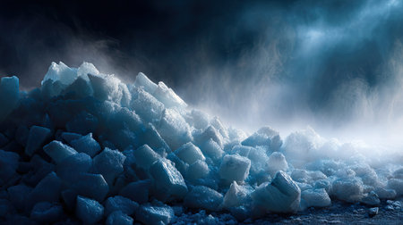 A mountain of crushed ice with visible frost and vapor rising under dramatic lighting, emphasizing the coldnessの素材