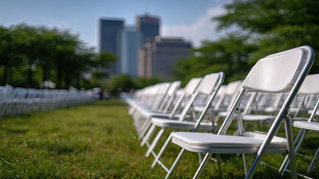 A large number of vacant folding chairs set up outdoors on grass, awaiting a public event or gatheringの素材