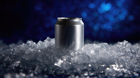 A single aluminum can standing upright in a mound of crushed ice, condensation glistening under studio lightsの素材