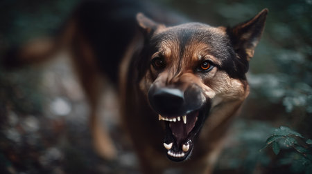 A protective dog with its teeth visible, barking loudly to warn intruders, eyes intense and focusedの素材