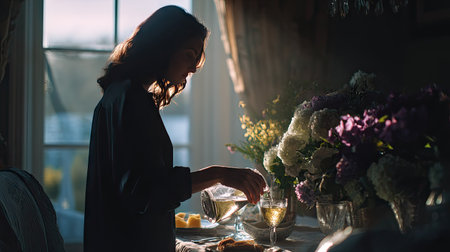 A woman gently pouring water into a glass, sitting at a well-decorated breakfast table with soft lighting from a nearby windowの素材
