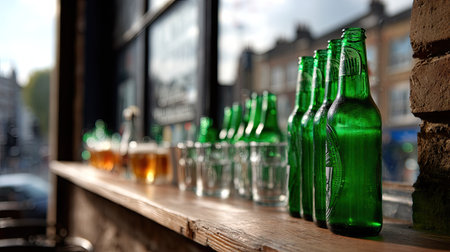 A row of green beer bottles arranged on a wooden shelf in a pub, with glasses of beer in the foreground and a casual vibeの素材