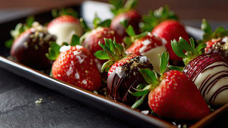 A tray of fresh strawberries dipped in a mix of white and dark chocolate, creating a visually striking dessert spreadの素材