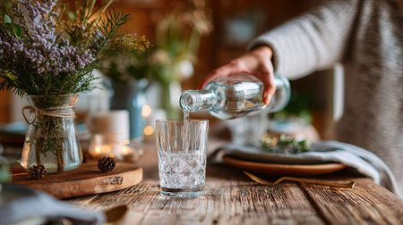 A woman pouring water from a stylish, clear bottle into a glass on a rustic wooden dining table, with a cozy home atmosphereの素材