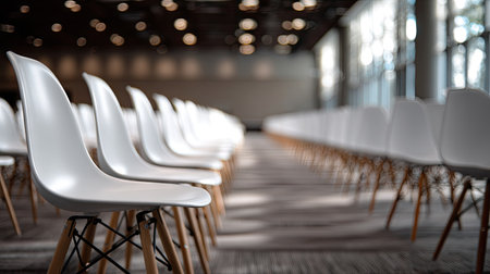 Back view of numerous plastic chairs set in alignment, all facing forward toward a presentation spaceの素材
