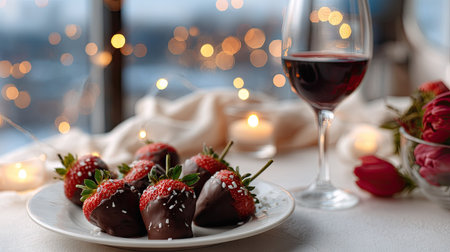 A romantic dessert setting with strawberries dipped in chocolate and a glass of red wine, perfect for a date nightの素材