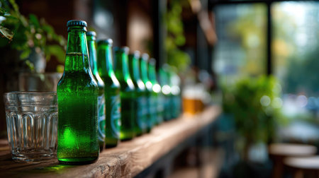 A row of green beer bottles arranged on a wooden shelf in a pub, with glasses of beer in the foreground and a casual vibeの素材