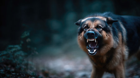 A protective dog with its teeth visible, barking loudly to warn intruders, eyes intense and focusedの素材