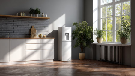 A stylish water cooler placed in a contemporary kitchen, with a clean, minimalist aesthetic and natural light streaming through the windowの素材