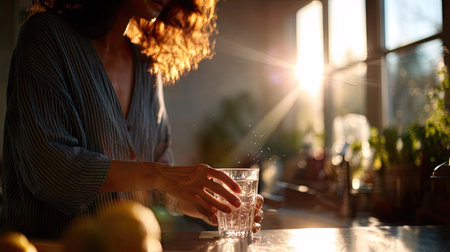 A woman in a casual kitchen setting pouring water into a clear glass, with sunlight shining through the windowの素材