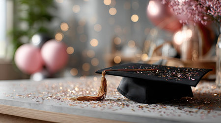A diploma and graduation cap resting on a desk with subtle blurred backgrounds of confetti and graduation-themed decorations for a festive lookの素材