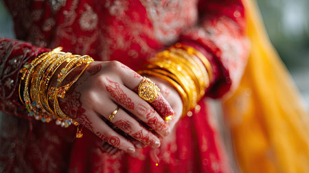 A bride's hands adorned with traditional gold bangles and rings, decorated with mehndi, highlighting cultural beautyの素材