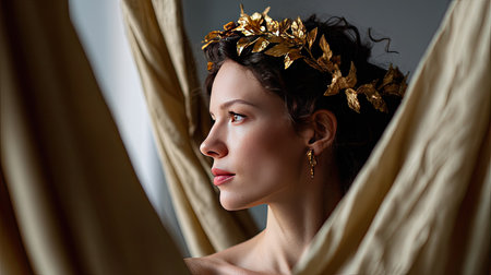 Classical themed portrait with model dressed as a Greek muse wearing a golden laurel wreath, surrounded by draperyの素材