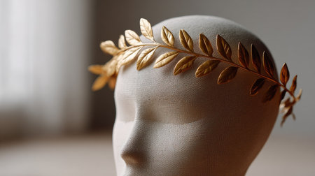 A golden laurel wreath headband elegantly positioned on a fashion mannequin in front of a neutral backgroundの素材