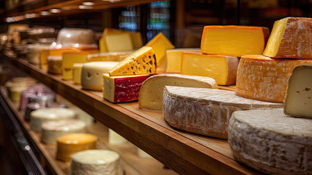 An array of cheeses on shelves in a gourmet store, each wedge and wheel perfectly displayed for customers to admire and choose fromの素材