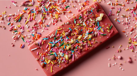 A delicious pink angel hair chocolate bar garnished with rainbow candy sprinkles, perfect for Instagram-worthy food photographyの素材
