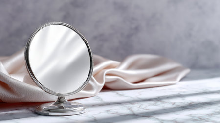 A circular makeup mirror with a delicate silver frame, isolated on a light-colored textured background for added depthの素材