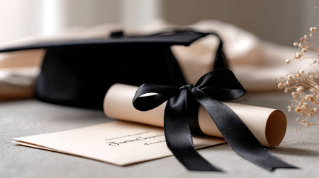 A close-up of a graduation cap and diploma with a black ribbon, set against a soft, neutral-toned background to highlight the momentous occasionの素材