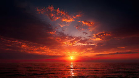 A fiery orange sunset over the sea, with the sky ablaze with hues of red, gold, and amber, creating a breathtaking view of the horizonの素材