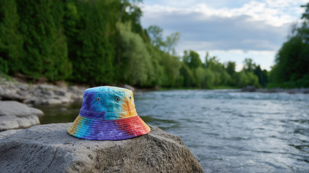Bucket hat with tie-dye design placed on a rock during a river-side adventureの素材