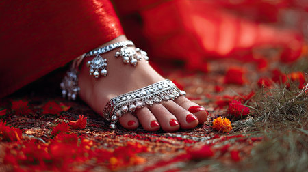 Bride's feet with silver payal anklets and toe rings against red wedding attire, symbol of traditionの素材
