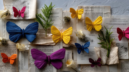 A collage wall of bright paper butterflies layered over vintage newsprint and botanical sketches, artistic and eclecticの素材
