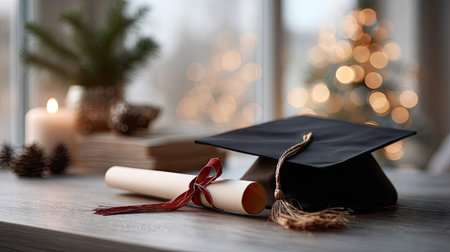 A close-up shot of a graduation cap and rolled diploma placed on a desk, surrounded by soft lighting to create an inspiring and festive atmosphereの素材