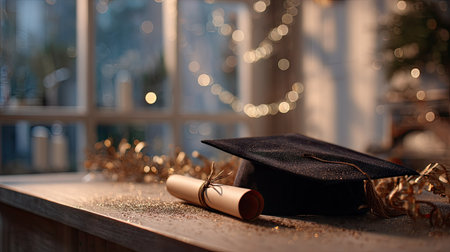 A close-up shot of a graduation cap and rolled diploma placed on a desk, surrounded by soft lighting to create an inspiring and festive atmosphereの素材