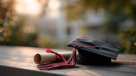 A graduation cap and diploma arranged with soft lighting in the background, with a focus on the tassel and rolled diploma to highlight the academic achievementの素材