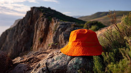 A bold orange bucket hat catching the breeze on the edge of a cliffside hikeの素材