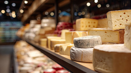 An array of cheeses on shelves in a gourmet store, each wedge and wheel perfectly displayed for customers to admire and choose fromの素材