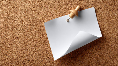 A blank sheet with curled corners pinned on a textured cork board, offering space for announcements or listsの素材