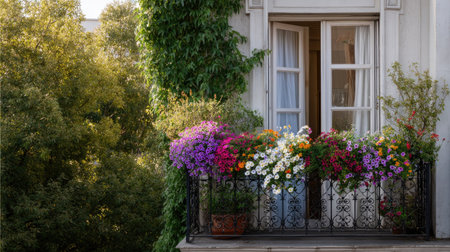 A cozy balcony with a vintage iron railing and lush blooms in full color surrounding an open window with white curtainsの素材