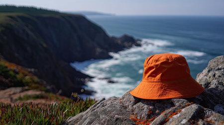A bold orange bucket hat catching the breeze on the edge of a cliffside hikeの素材