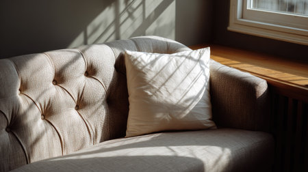 Blank pillow placed on a tufted fabric sofa, with subtle shadows from natural light filtering through the windowsの素材
