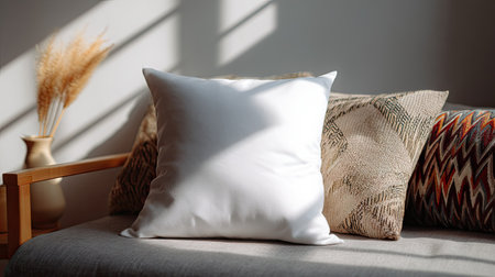 Clean, blank pillow resting on a fabric couch with geometric cushions, surrounded by sunlight and simple decorの素材