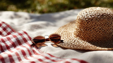 Close-up of a woven bucket hat with sunglasses beside it on a picnic blanket under bright sunlightの素材
