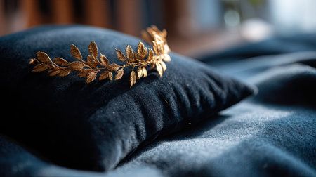 A golden laurel headband on a dark velvet cushion, lit with soft spotlight to emphasize luxury and contrastの素材